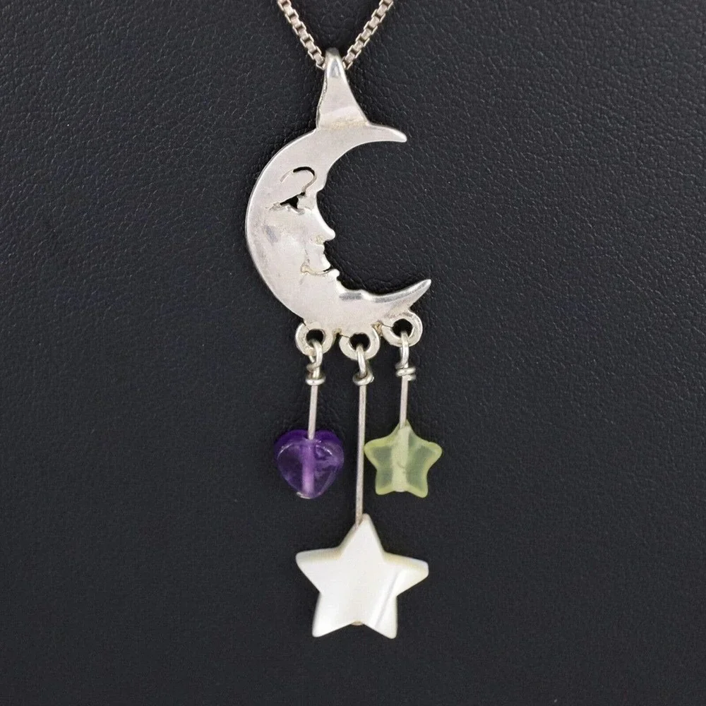 Estate Sterling Silver 925 Crescent Moon Mother of Pearl Amethyst Pendant